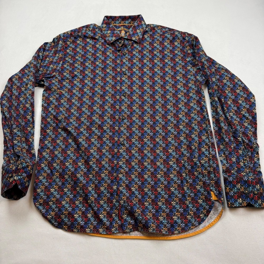 Luchiano Visconti Black Mens Large Skull Print Button Down Shirt Multi-Color
